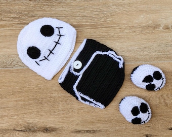 Virkad Jack Skellington-outfit till nyfödd, nyfödd Jack Skellington-fotorekvisita, babyshowerpresent. Halloween-outfit. Skelettdräkt till babypojke