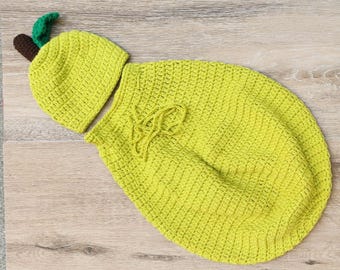 Conjunto de pera de crochet, accesorio fotográfico de pera para recién nacidos, regalo para baby shower, conjunto de Halloween, disfraz de fruta, conjunto de sesión fotográfica de crochet para bebé niño/niña, conjunto de capullo.