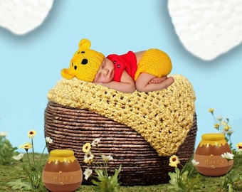 Conjunto de Winnie the Pooh a crochet, accesorio para fotos de recién nacidos, regalo para baby shower. Conjunto de Halloween. Disfraz de Pooh. Conjunto de bebé Pooh. Disfraz de niño/niña.