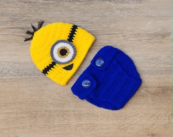 Traje de Minion de crochet, accesorio para fotos de recién nacidos, regalo para baby shower. Traje de Halloween. Disfraz de Mi villano favorito. Conjunto de Minion para bebé. Disfraz de bebé niño/niña.
