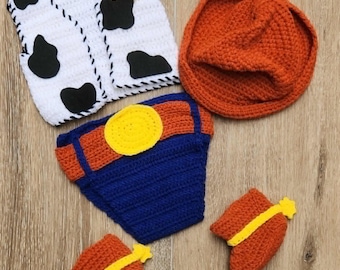 Crochet newborn Woody outfit,newborn photo prop, baby shower gift. Halloween outfit.Infant boy toy story cowboy costume. crochet cowboy set.