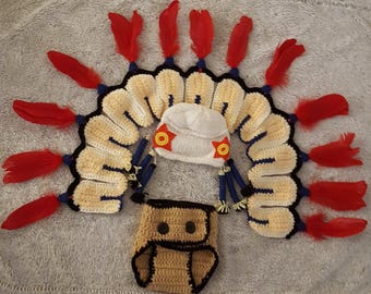 Traje indio americano de crochet, accesorio para fotos de recién nacidos, regalo para baby shower. Traje de Halloween. Disfraz y auriculares de nativo americano. Disfraz de bebé niño.