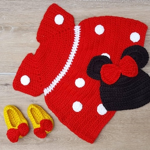 Strój Myszki Minnie zrobiony na szydełku, rekwizyt do zdjęć Myszki Minnie dla noworodka, strój na baby shower na Halloween. Myszka Minnie i Myszka Miki. Sukienka Myszki Minnie.
