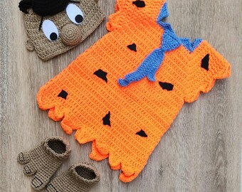 Traje de Los Picapiedra de crochet, accesorio para fotos de recién nacido, regalo para baby shower. Traje de Halloween. Disfraz de la Edad de Piedra. Disfraz de bebé niño. Disfraz de Los Picapiedra.