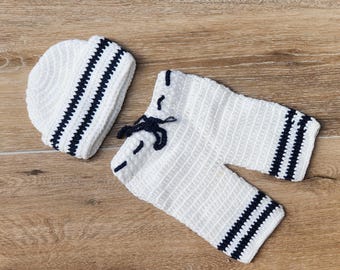 Traje de marinero de crochet, accesorio fotográfico de marinero para recién nacido, regalo para baby shower, traje de Halloween, disfraz de marinero, conjunto náutico de crochet para bebé niño, traje azul marino