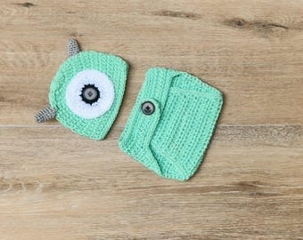 Conjunto de crochet de Monster Inc., accesorio para fotos de recién nacidos, regalo para baby shower. Conjunto de Halloween. Disfraz de monstruo. Conjunto de Mike el Monstruo para bebé. Disfraz de niño.
