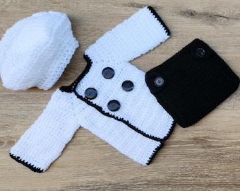Traje de chef de crochet, accesorio fotográfico de chef para recién nacidos, regalo para baby shower. Traje de Halloween. Disfraz de chef, cocinero o panadero. Traje de chef de crochet para bebé niño/niña.