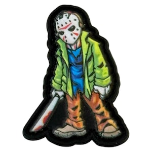 May include: A cartoon-style image of a character from a horror movie. The figure wears a white mask with black eye holes and red markings, a green jacket, blue shirt, and orange pants. The character holds a bloody knife.
