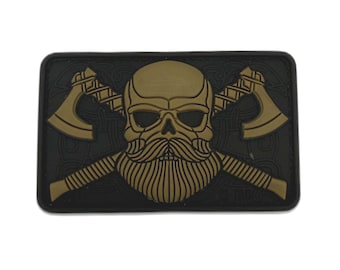 Bearded Skull Crossed Axes PVC Morale Patch – Tactical Lumberjack Hook & Loop Velcro