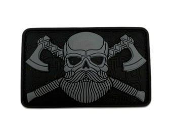 Blackout Bearded Skull Axes PVC Morale Patch – Tactical Stealth Velcro Backing