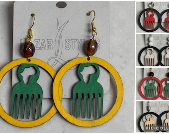 Afro Pick Earrings – Natural Hair Jewelry Wooden Afrocentric Dangle Earrings – Black Culture Gift – Hair Stylist Gift – Melanin Pride