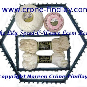 May include: A hexagonal loom with a blue frame and white yarn balls. The yarn balls are labeled "Lily Sky-Tone" and "Lily Daisy". The text "The Lily Speed-O-Weave Loom Book" and "www.crone-findlay.com" are visible on the image. The text "copyright Noreen Crone-Findlay" is also visible.