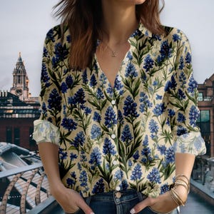 Floral Linen Look Button Shirt, Blue Flower Print Blouse, Casual Summer Shirt, Women’s Vintage Floral Top, Gift for Her