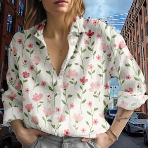 Floral Linen-Style Blouse Shirt, Pink Floral Print,Boho Chic Button Shirt, Women&#39;s Casual Top, Vintage-Inspired Blouse, Spring Fashion Shirt