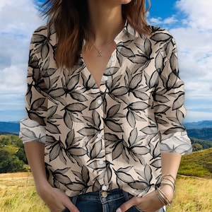 Botanical Print Blouse Shirt, Floral Pattern Cotton Blouse, Long Sleeve Button Up Shirt, Casual Summer Shirt, Boho Chic Shirt, Gift for Her