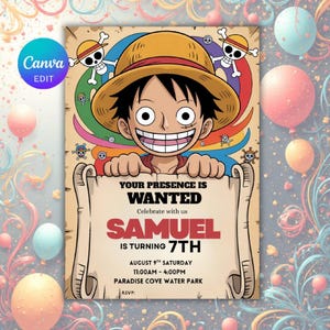Pirate Anime Birthday Invite | Straw Hat Party Card | Editable Digital
