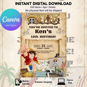 May include: Digital invitation featuring the One Piece logo and a pirate theme. The invitation includes the text "You're Invited to Ken's 12th Birthday" with event details. The design is mobile-friendly and editable.