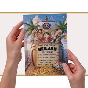May include: A birthday invitation with a pirate cartoon theme. The invitation includes the text "JOIN THE CREW" and details for a 12th birthday party, including the date, time, and location.