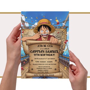 May include: A birthday invitation with a cartoon character wearing a straw hat. The invitation says "Join the Crew" and announces Captain Samuel's 11th birthday. Details include the date, time, and location: Paradise Cove Water Park.