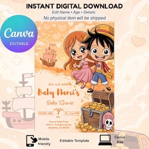 Może przedstawiać: Cyfrowe zaproszenie na baby shower z postaciami z kreskówek, skrzynią skarbów i statkiem. Zaproszenie zawiera tekst "Baby Nami's Baby Shower" z datą, godziną i lokalizacją. Projekt jest przyjazny dla urządzeń mobilnych i edytowalny.