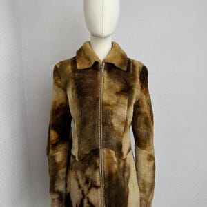 Vintage Shearling Jacket Brown Patterned Leather Coat Mob Wife Y2K Boho Women's Size M