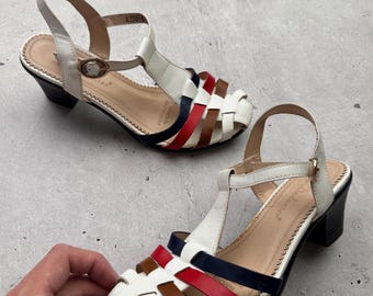 Sandalias vintage de los 90 de piel multicolor con tira en T y tacón de bloque, estilo boho, talla 36 para mujer.