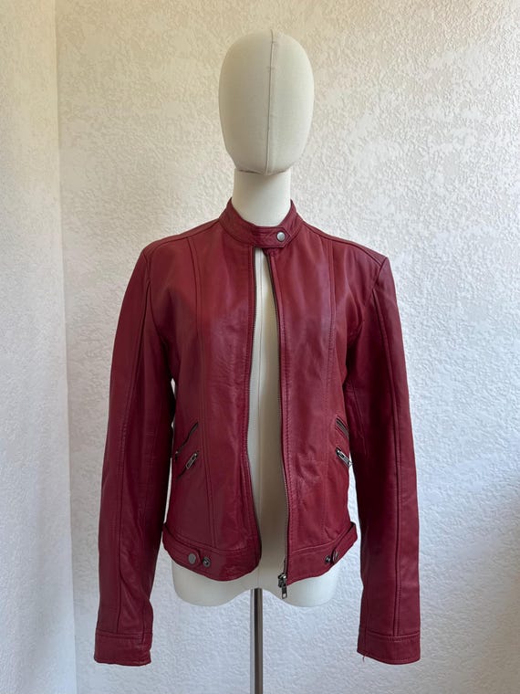 Vintage Y2K Real Leather Burgundy Red Biker Zip Moto Jacket Women's Size M