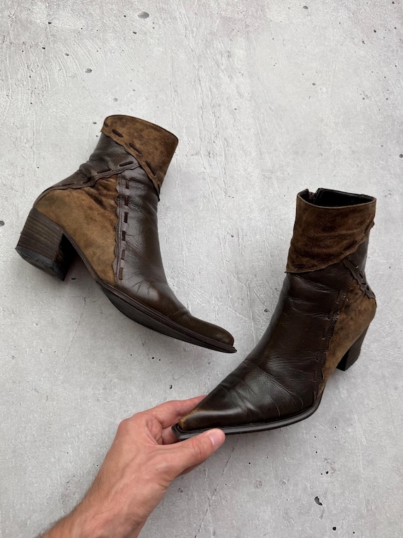 Vintage Y2K Brown Pointed Toe Ankle Boots Suede Leather Mix Women's Size 36
