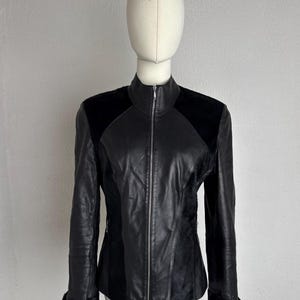 Vintage Y2K Cyberpunk Black Genuine Leather Jacket Patchwork Women's Size M