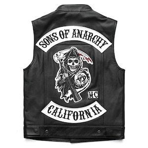 Sons Of Anarchy Leather Vest - Men Leather Vest - Men Cosplay Leather Vest - Men Black Leather Vest With  Multiple Patches - Gift For Him