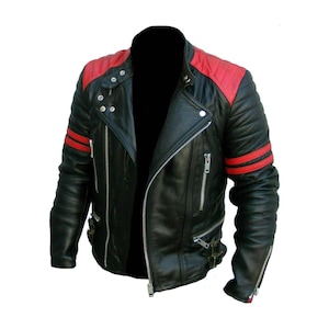 Handmade Men&#39;s Café Racer Retro Red Stripes Vintage Quilted Motorcycle Biker Black Jacket | Gift For Him | Perfect For Summer Gift