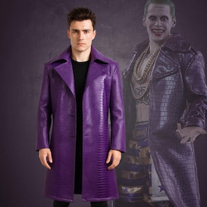 Handcrafted Joker Purple Crocodile Texture Leather Trench Coat: Unisex Cosplay Costume