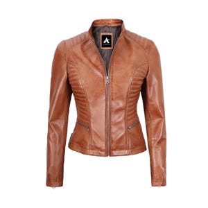 Handmade Tan Sheep Leather Motorcycle Jacket: Women&#39;s Slim Fit Biker Jacket