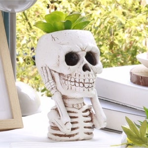 Puede incluir: Maceta de cerámica blanca en forma de calavera con una pequeña planta suculenta creciendo en su interior. La calavera tiene un cuerpo esquelético y se está tapando las orejas con las manos.