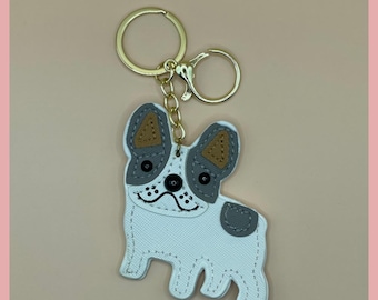 White and Grey PU Leather French Bulldog Bag Charm for Backpack, Handbag, Luggage, Keys Pet Frenchie Dog Lovers Accessory