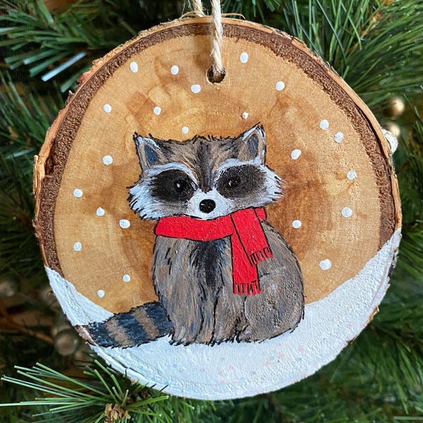 Hand-Painted Raccoon Ornament | Birch Slice, Rustic Holiday Decor