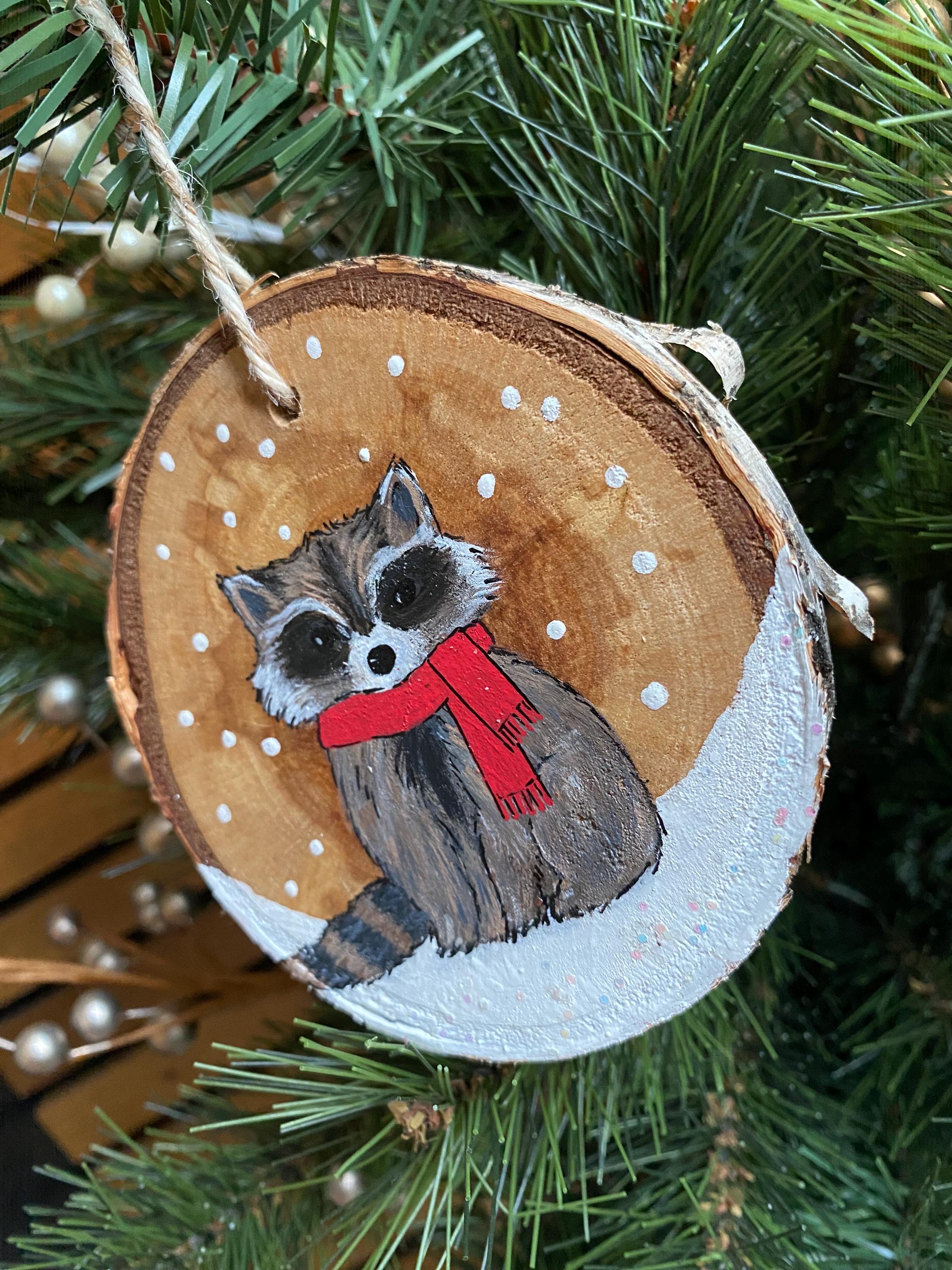 Hand-painted Raccoon Ornament | Birch Slice, Rustic Holiday Decor - Etsy