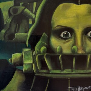 May include: An oil painting depicts a face with wide eyes and a cage-like structure around the mouth. The artwork uses a palette of greens and yellows, with dark shadows. The artist's signature and the year 2025 are visible in the lower right corner.
