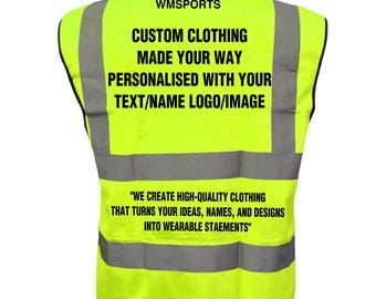 Custom Hi Vis Vest Personalised with Name/Text or Logo/Image Printed High Visibility Safety Waistcoats for Work, Events, Parties & Cycling