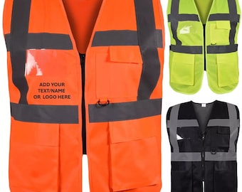 Personalised Hi-Vis Executive Vests Printed safety high visibility vests or adults waistcoats with your text or logo Customised hi viz vests