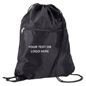 Può includere: Borsa a sacco nera con una tasca con cerniera e il testo "YOUR TEXT OR LOGO HERE" ricamato sul davanti.