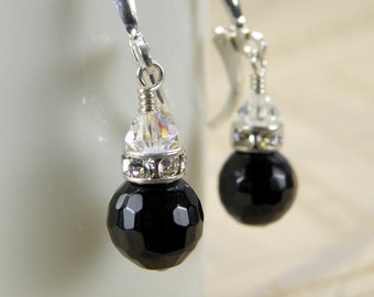 Drop Onyx Earrings, Black Gemstone, Sterling Silver, Faceted Stone, Bridesmaid Wedding Handmade Jewelry, Fall Fashion, Autumn