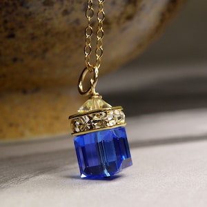 Royal Blue Crystal Necklace, Gold Filled, Sapphire Cube Pendant, Bridesmaid Wedding Jewelry, September Birthstone Birthday Gift