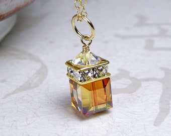 Honey Topaz Crystal Cube Necklace, Copper Swarovski Crystal Pendant, Gold Filled or Sterling Silver, November Birthday Gift, Autumn Wedding