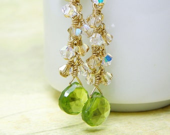 Long Peridot Earrings, Gold Filled, Peridot Stone, Green Dangle Earrings, Swarovski Crystal Accents, August Birthstone Jewelry Birthday Gift