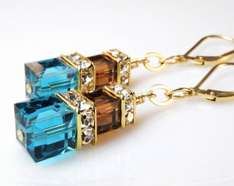 Teal and Chocolate Earrings, Gold Filled, Blue and Brown Swarovski Cube Dangle Earrings, Custom Bridesmaid Autumn Wedding Handmade Jewelry