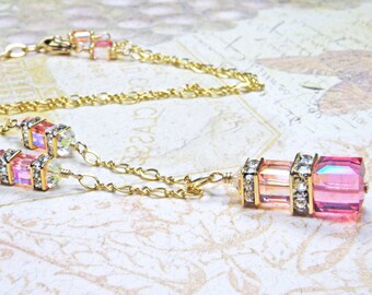 Pink Crystal Necklace, Gold Filled Chain, Rose Cube Pendant, Bridesmaid Wedding Jewelry, October Birthday Gift, Spring Accessory