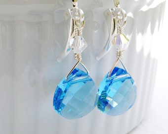 Teardrop Teal Blue Earrings, Swarovski Crystal, Sterling Silver, Aquamarine Blue Dangle Earrings, Sky Blue Topaz Crystal Jewelry Gift