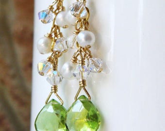 Pendientes de peridoto y perla chapados en oro, pendientes colgantes de piedra verde natural, joyas de piedras preciosas, piedra natal de agosto, regalo de cumpleaños