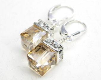 Champagne Crystal Earrings, Light Yellow Swarovski Cube, Sterling Silver, Drop Earrings Modern Bridesmaid Wedding Jewelry, November Birthday